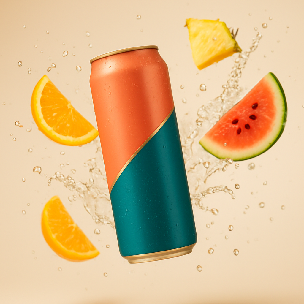 A single Aloha Kombucha can with splashing tropical fruit