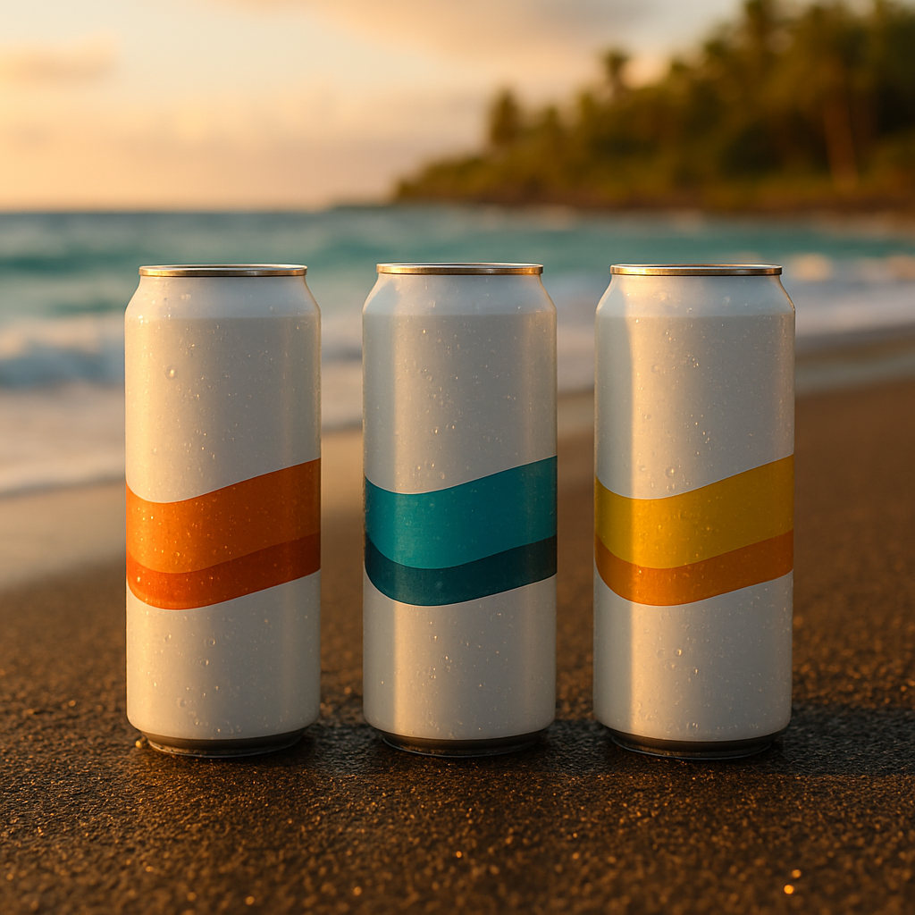 Aloha Kombucha cans on a Hawaiian beach at golden hour